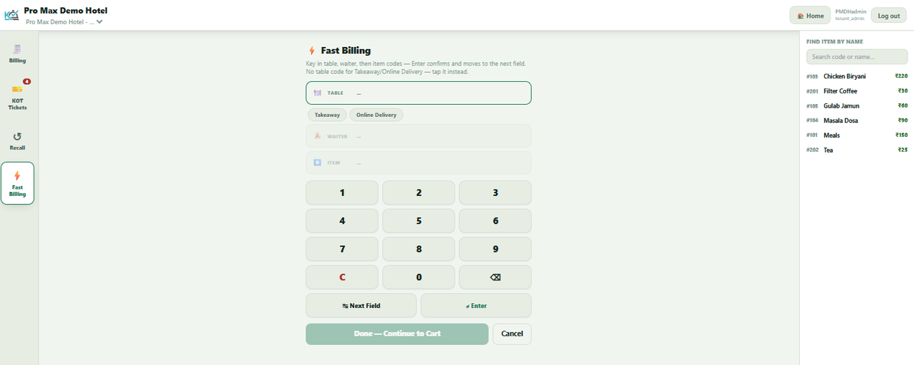 KOTMate Fast Billing screen with a numeric keypad for table, waiter and item codes